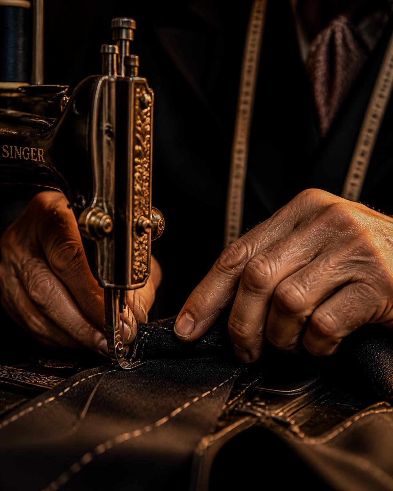 Meisterschneider bei präziser Handarbeit an einer historischen Nähmaschine